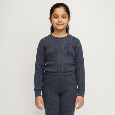 Girls Dark Navy Blue Round Neck Thermal Upper