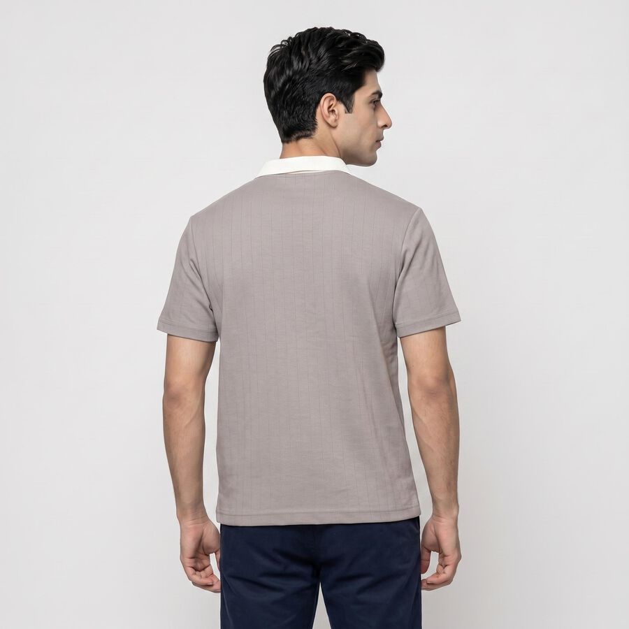 Men Grey Polo Neck Graphic Print T-Shirt, Light Grey, large