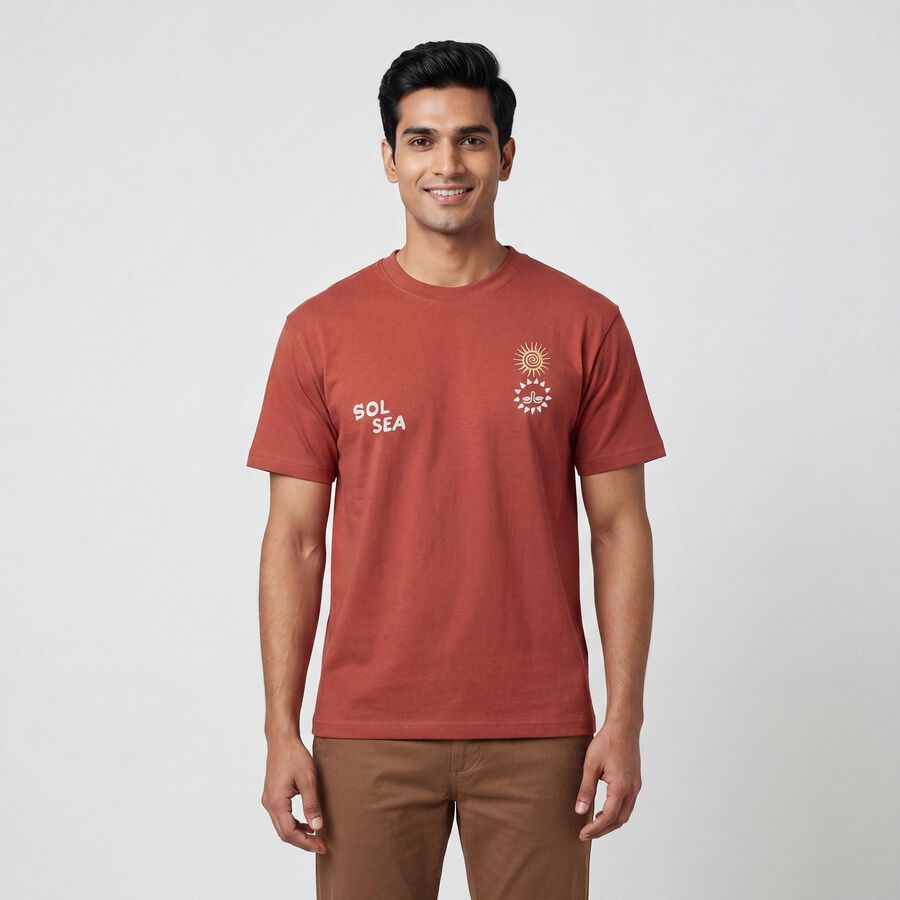 Men's Rust Cotton Round Neck Casual T-Shirt, Rust, large