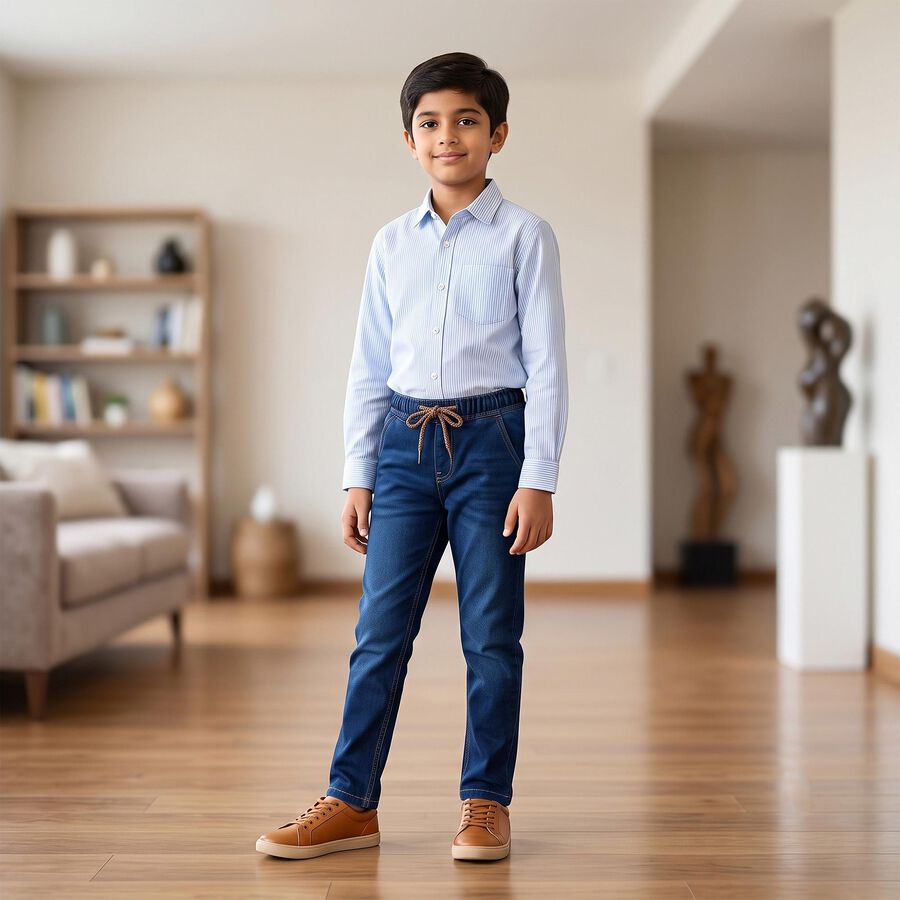 Boys' Navy Blue Straight Fit Drawstring Waist Jeans, गहरा नीला, large