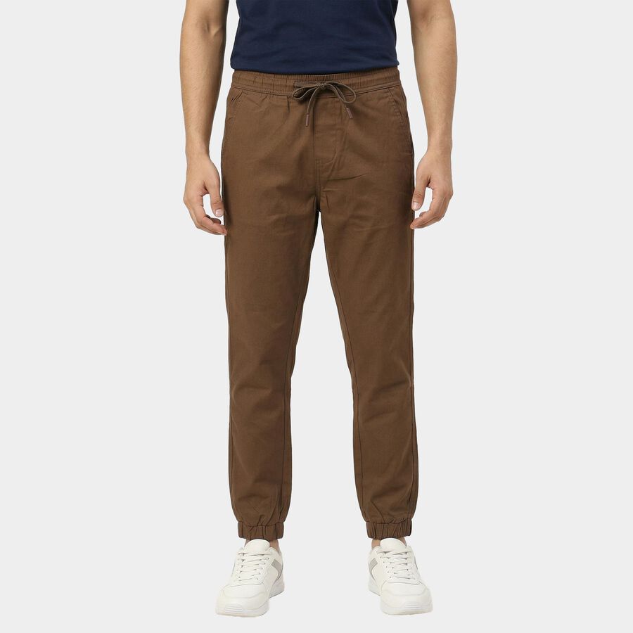 Men's Brown Slim Fit Flat-Front Casual Trousers, भूरा, large