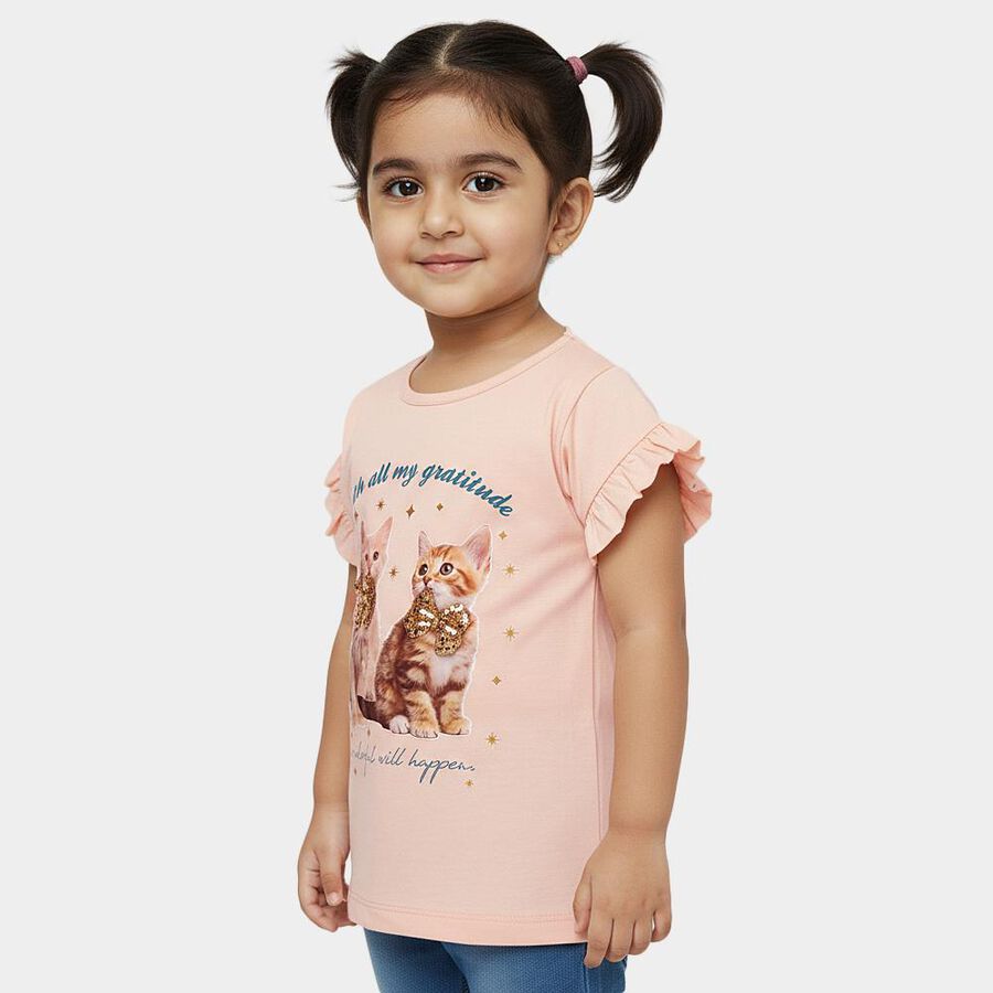 Girls' Pink Cotton Round Neck Casual T-Shirt, Light Pink, large