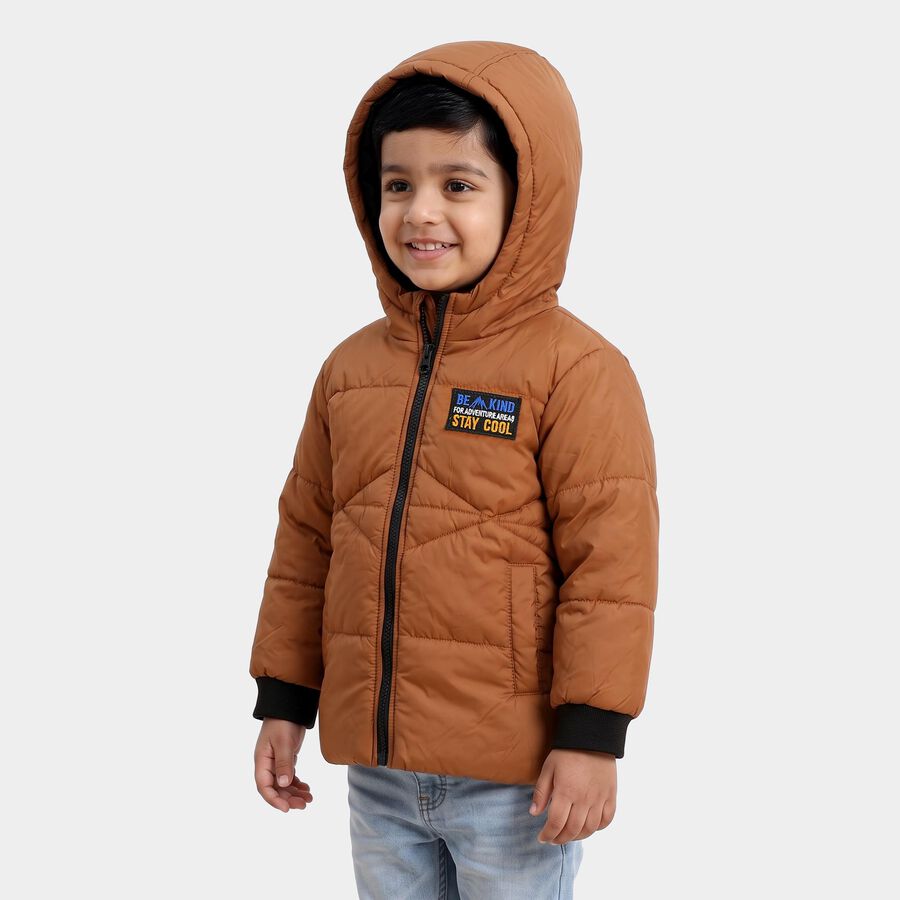 Boys Brown Hooded Puffer Jacket, Brown, large