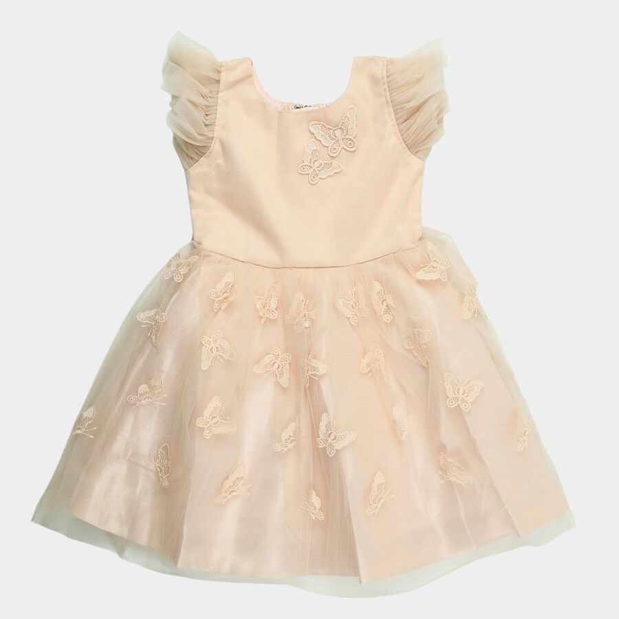 Girls' Navy Blue Regular Fit Floral Printed Tiered Frock, हल्का गुलाबी, large