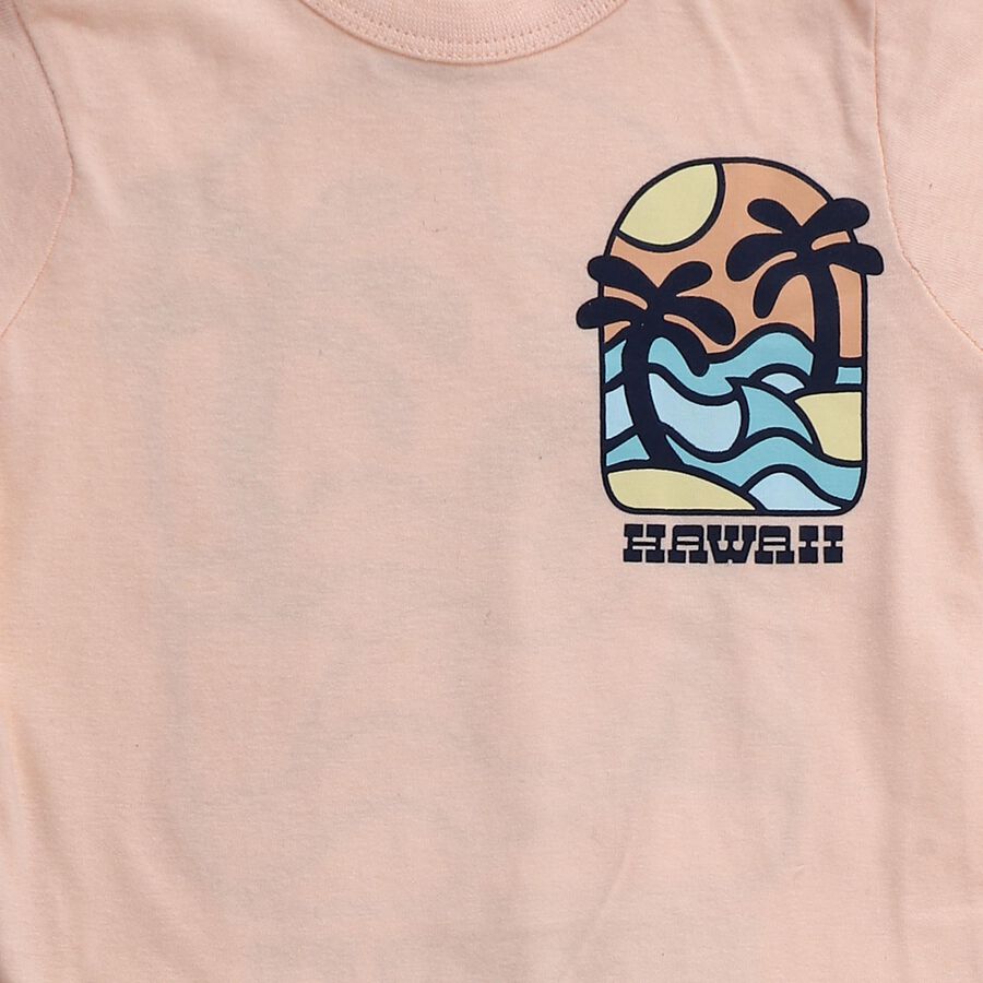 Infants' Peach 100% Cotton Round Neck Hawaii Printed Baba Suit, Peach, large