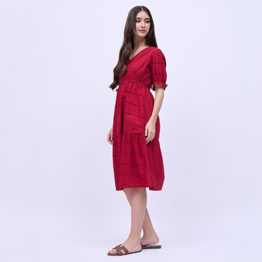 Women's Rich Crimson Red Cotton V-Neck Casual Midi Dress, Maroon, large image number null
