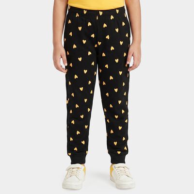 Girls' Black Jogger Fit Heart Printed Cotton Pyjama