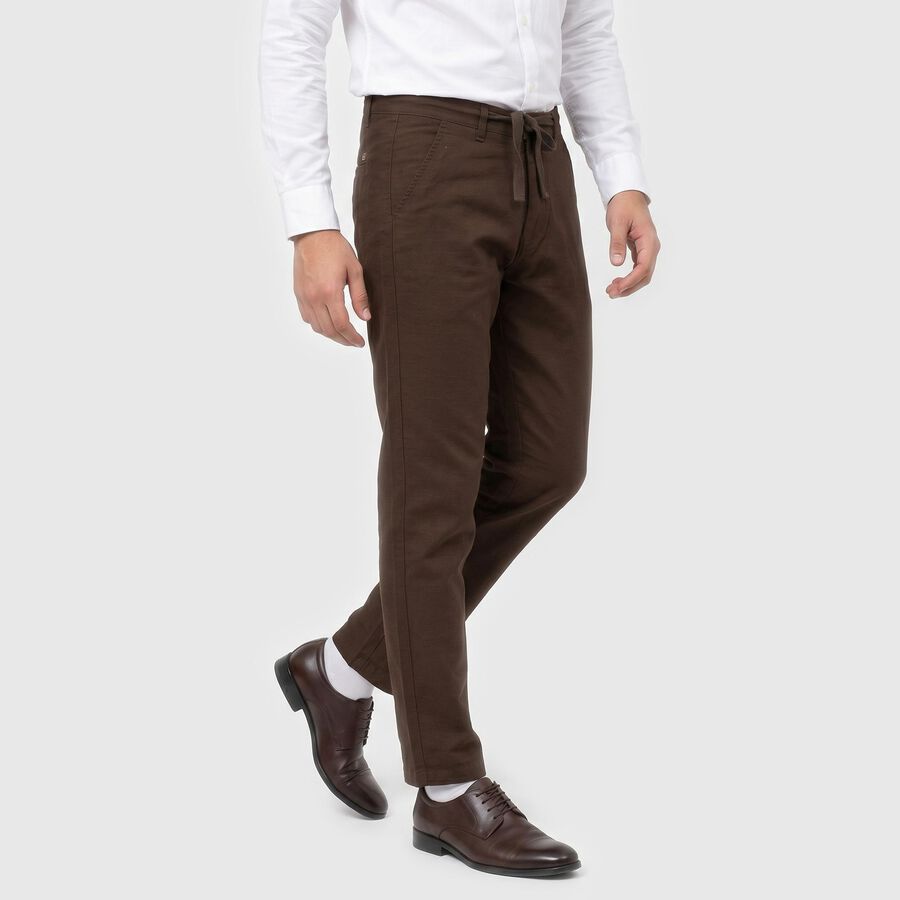 Men's Brown Slim Fit Drawstring Chino Trousers, भूरा, large