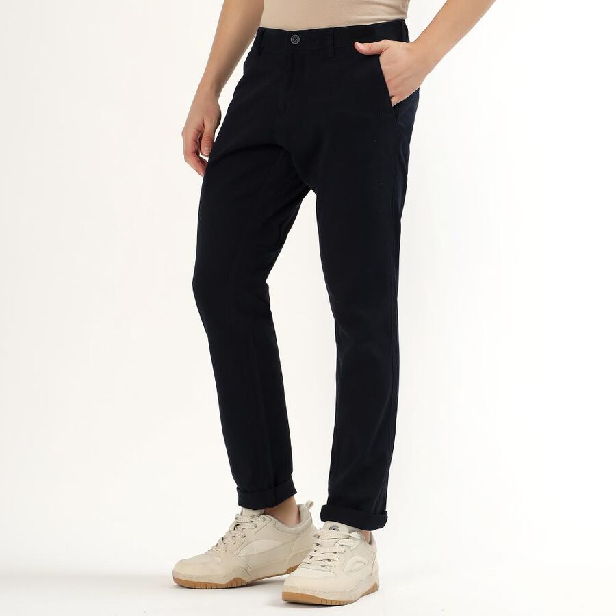 Men's Deep Midnight Navy Slim Fit Flat-Front Casual Trousers, नेवी ब्लू, large