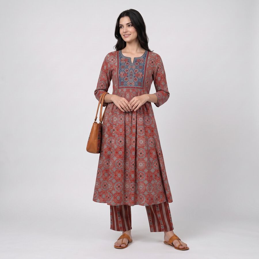Women's Wine Notch Neck Printed Flared Kurta, Wine, large
