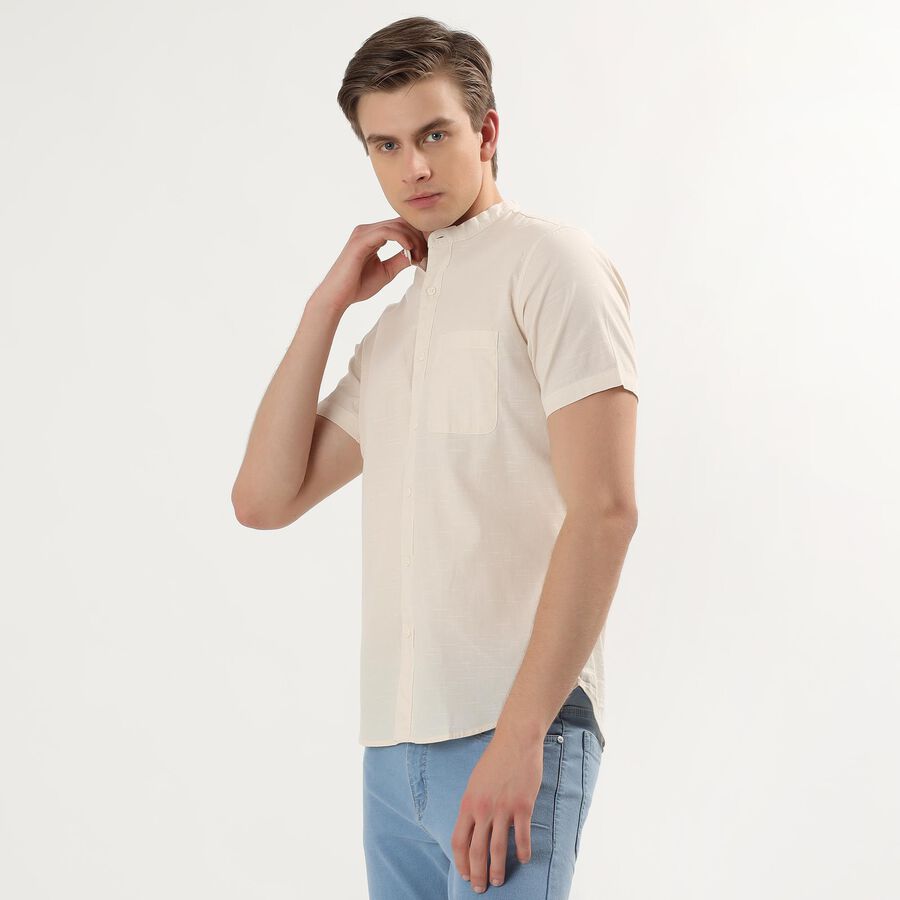 Men's Beige Cotton Half Sleeve Mandarin Collar Casual Shirt, Beige, large