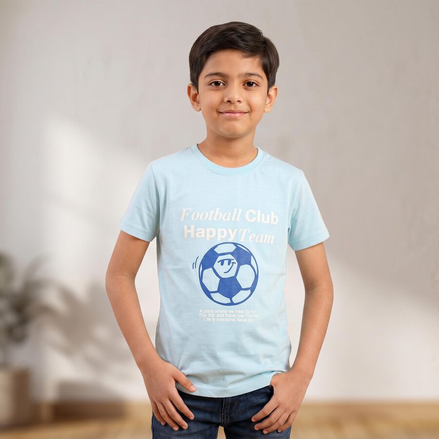 Boys Light Blue Round Neck Graphic Print Regular T-Shirt, हल्का नीला, large