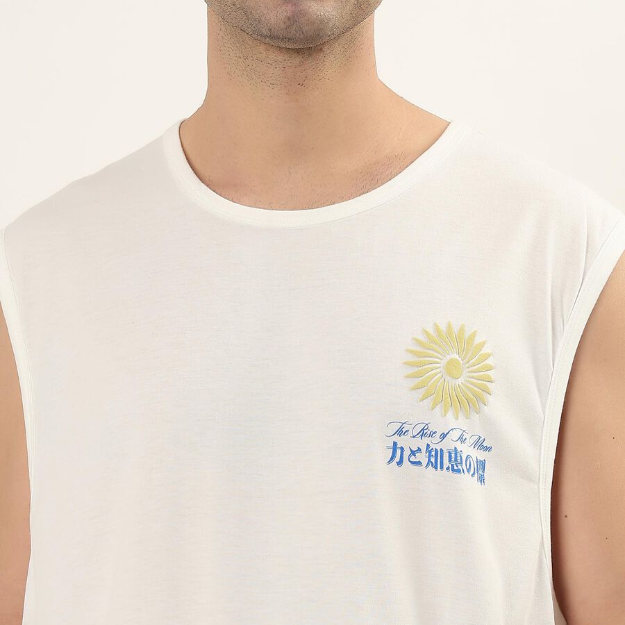 Men's White Round Neck Sleeveless Graphic T-Shirt, White, large