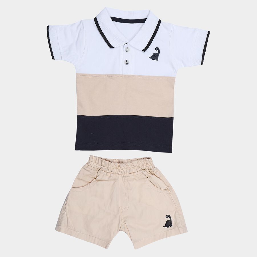 Infants' Beige 100% Cotton Polo Neck Colorblocked Baba Suit, Beige, large