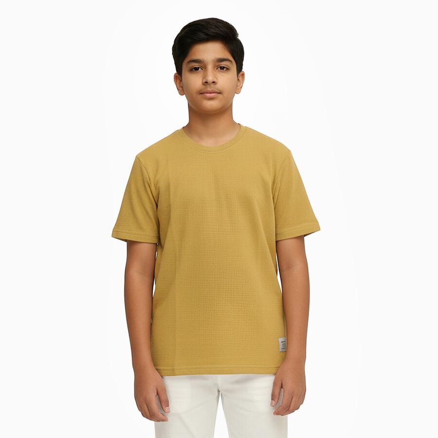 Boys Muted Mustard Yellow Crew Neck Casual T-Shirt, Beige, large image number null
