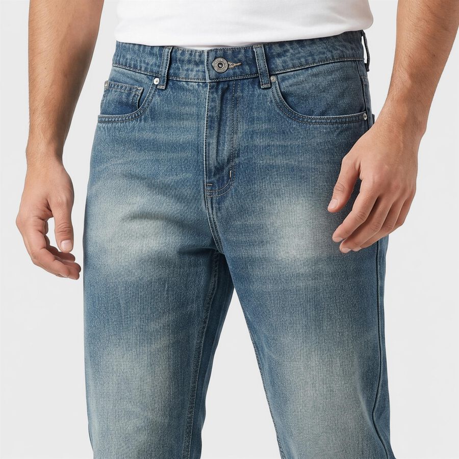 Men's Blue Straight Fit Faded Jeans, Mid Blue, large