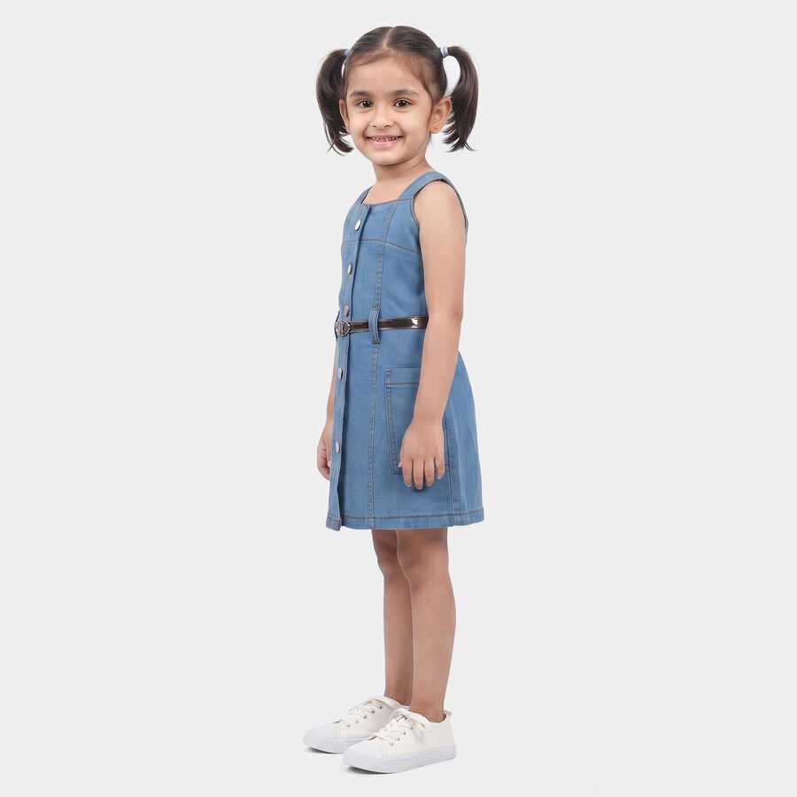 Girls' Blue A-Line Button Front Belted Frock, मध्यम नीला, large
