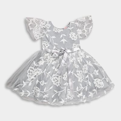 Girls' Soft Silver Floral Embroidered Party Wear Frock