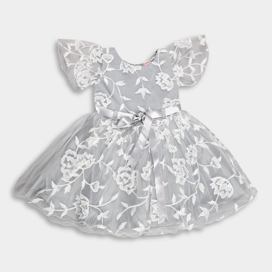 Girls' Soft Silver Floral Embroidered Party Wear Frock, Light Blue, large image number null