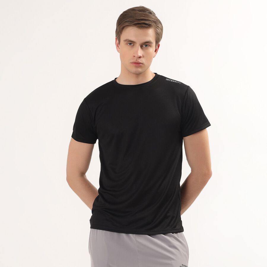 Men's Black Crew Neck Athleisure Drifit T-Shirt, काला, large