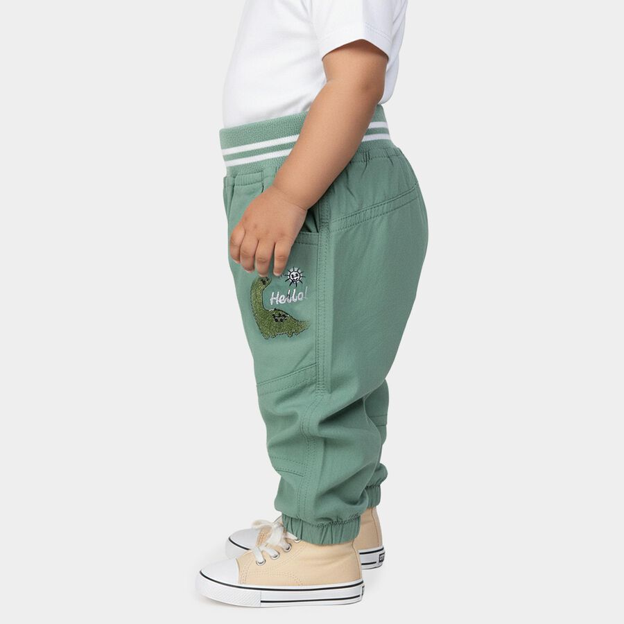 Infants' Green Regular Fit Dinosaur Embroidered Trousers, ओलिव, large