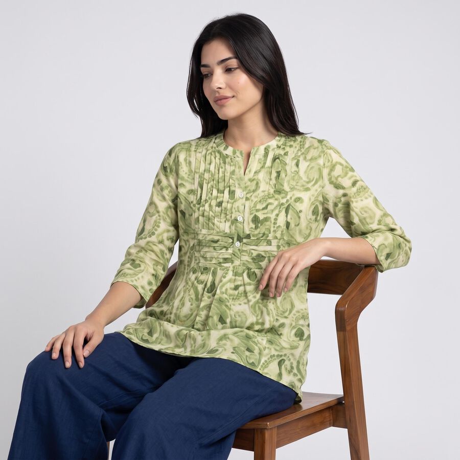 Women's Sage Green Mandarin Collar Printed Flared Kurti, हल्का हरा, large