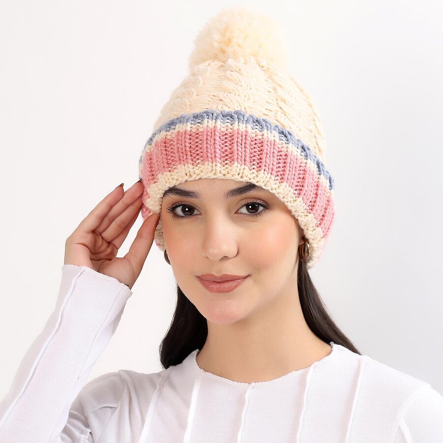 Women's Cream Knitted Pom-Pom Winter Cap, ऑफ व्हाइट, large image number null
