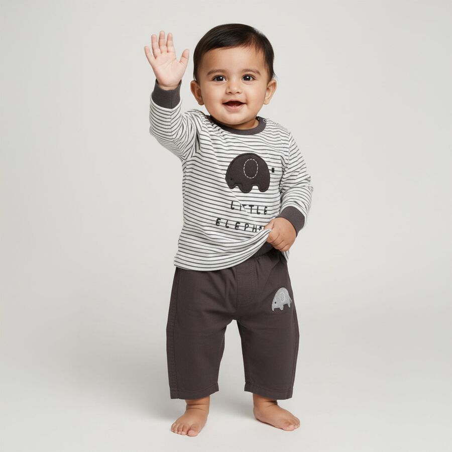 Infants White and Charcoal Grey Cotton Elephant Printed Baba Suit, Charcoal, large image number null