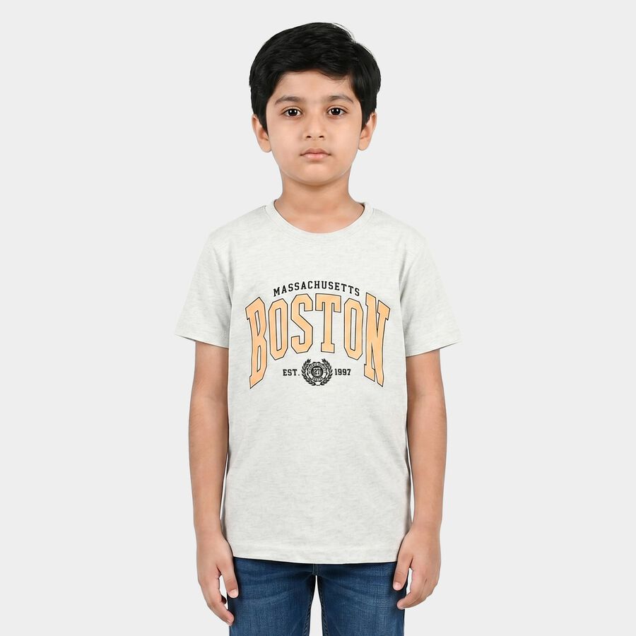 Boys Ecru Melange Crew Neck Regular Boys T-Shirt, Ecru Melange, large