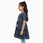 Girls Navy Blue Round Neck Bohemian Dress, Mid Blue, small image number null