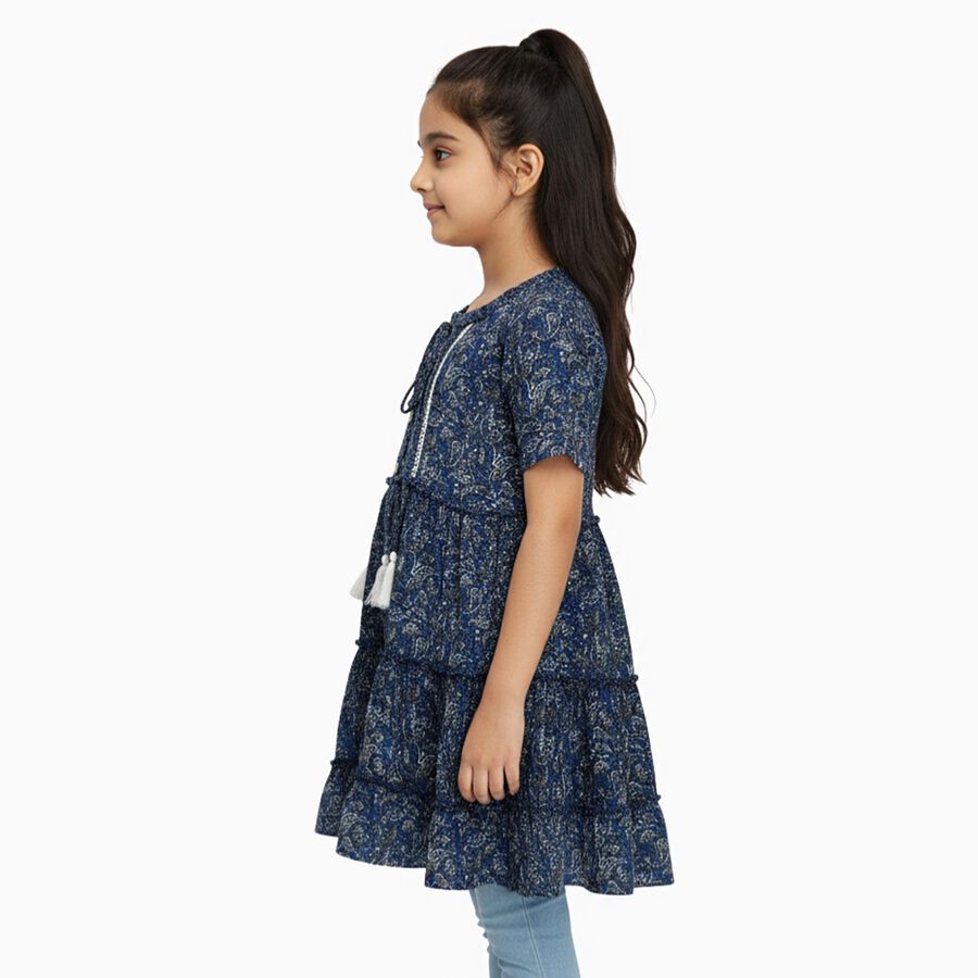 Girls Navy Blue Round Neck Bohemian Dress, Mid Blue, large image number null