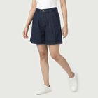 Women's Navy Blue Relaxed Fit Pleated Denim Shorts, गहरा नीला, small
