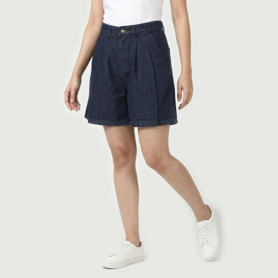 Women's Navy Blue Relaxed Fit Pleated Denim Shorts, गहरा नीला, large
