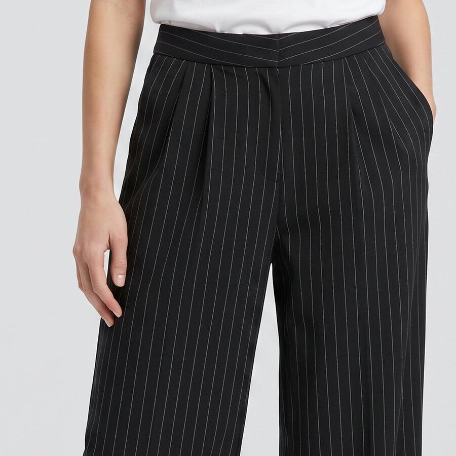 Women's Black Wide Leg Pinstriped Trousers, Black, large