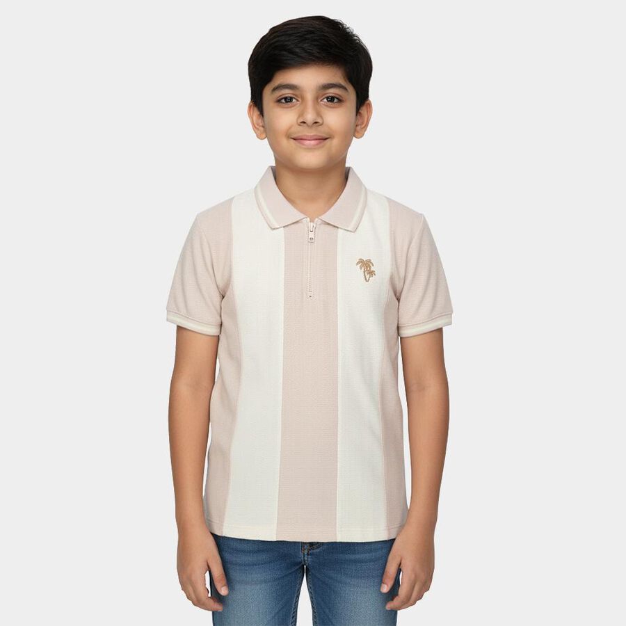 Boys' Beige Crew Neck Casual T-Shirt, Beige, large