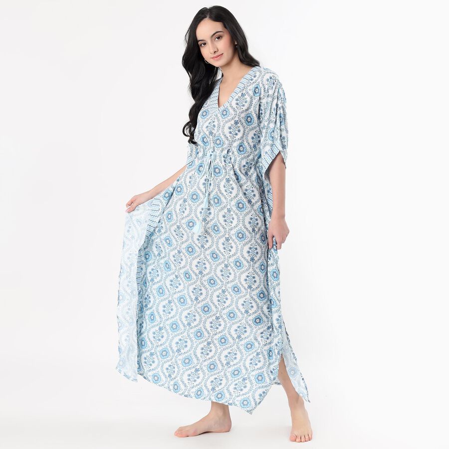 Women's Soft Powder Blue V-Neck Bohemian Nighty, मध्यम नीला, large