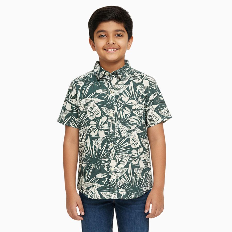 Boys Light Sage Green Cotton Half Sleeve Button Down Casual Shirt, Light Green, large image number null