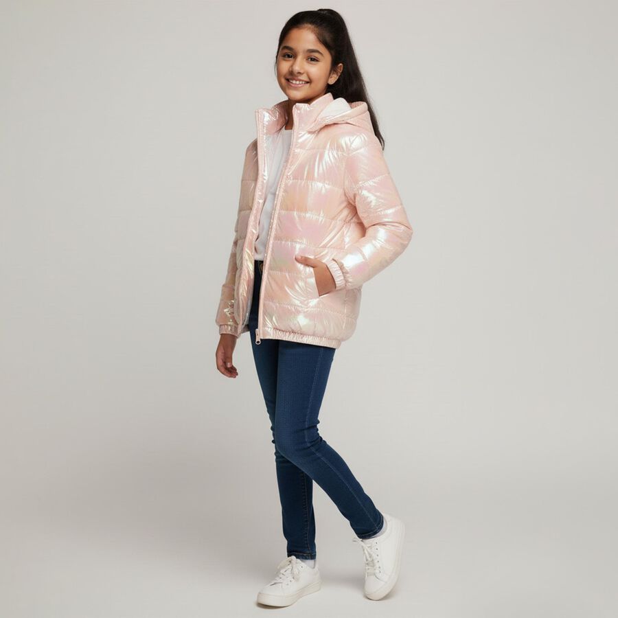 Girls' Light Iridescent Pink Hooded Casual Jacket, Light Pink, large image number null
