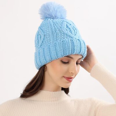 Women's Light Blue Knitted Pom-Pom Beanie Cap