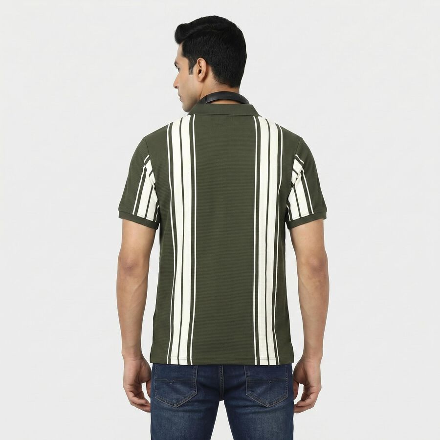 Men Olive Green Polo Neck Striped Polo T-Shirt, Olive, large