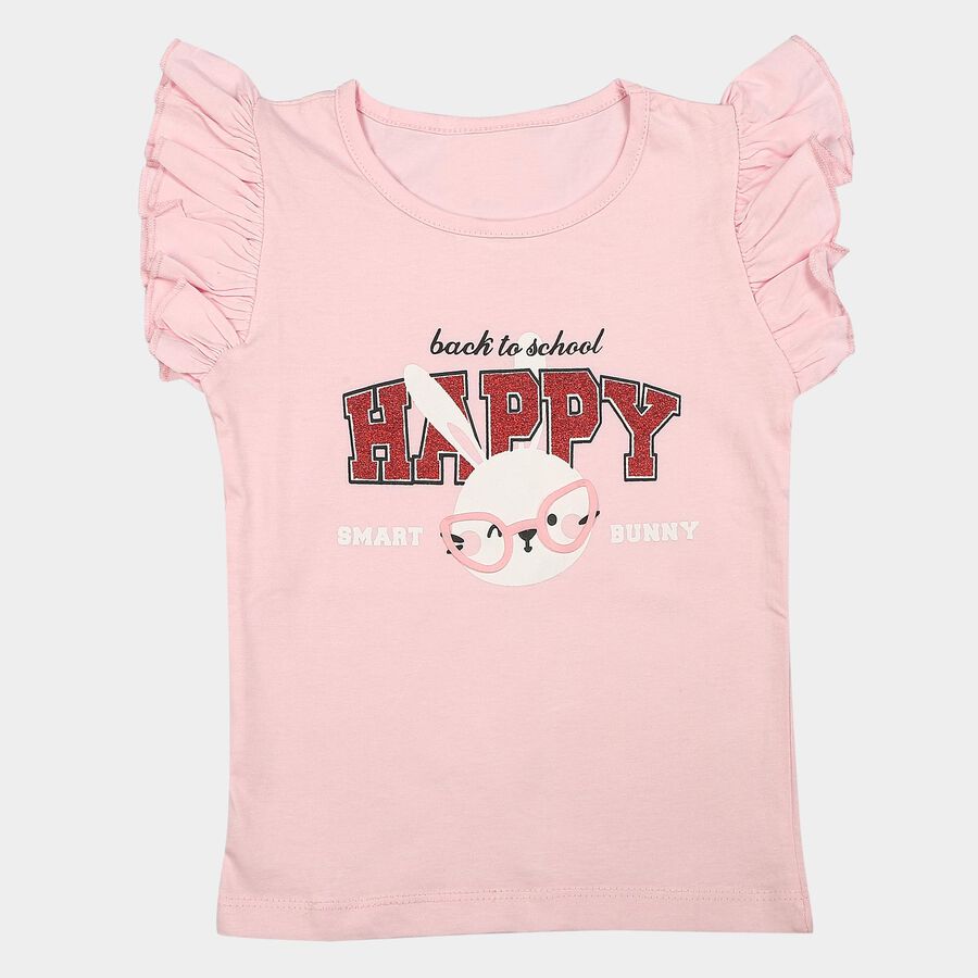 Girls Pink Cotton Round Neck Regular T-Shirt, Light Pink, large