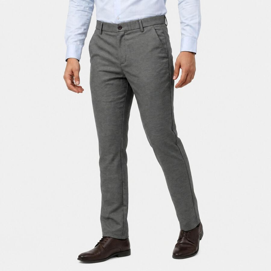 Men's Grey Slim Fit Flat-Front Casual Trousers, हल्का ग्रे, large