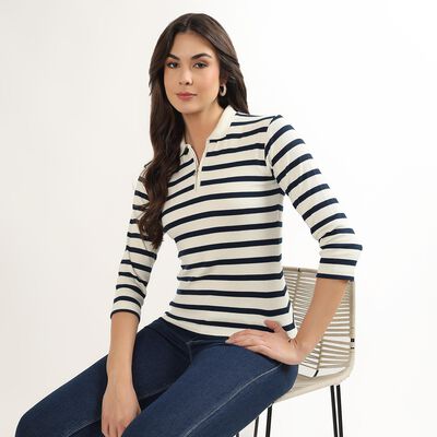 Women's Navy Blue Round Neck Casual Top