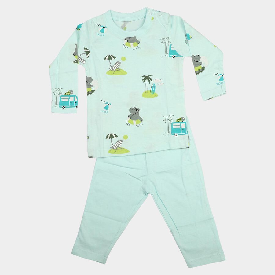 Infants' Aqua Cotton Round Neck Graphic Print Baba Suit, Aqua, large