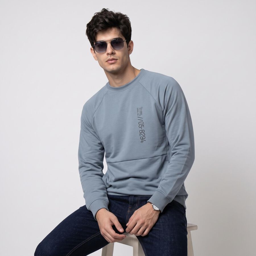 Men's Blue Crew Neck Pullover Sweatshirt, Mid Blue, large
