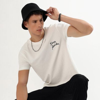 Men's Off White Round Neck Casual T-Shirt