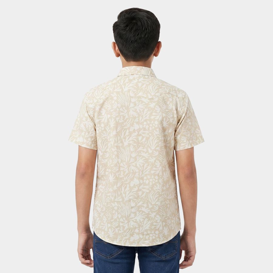 Boys Beige Cotton Printed Collar Regular Fit Shirt, Beige, large
