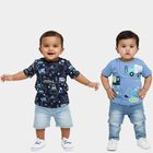 Infants' Blue Cotton Round Neck Printed T-Shirt, Mid Blue, small