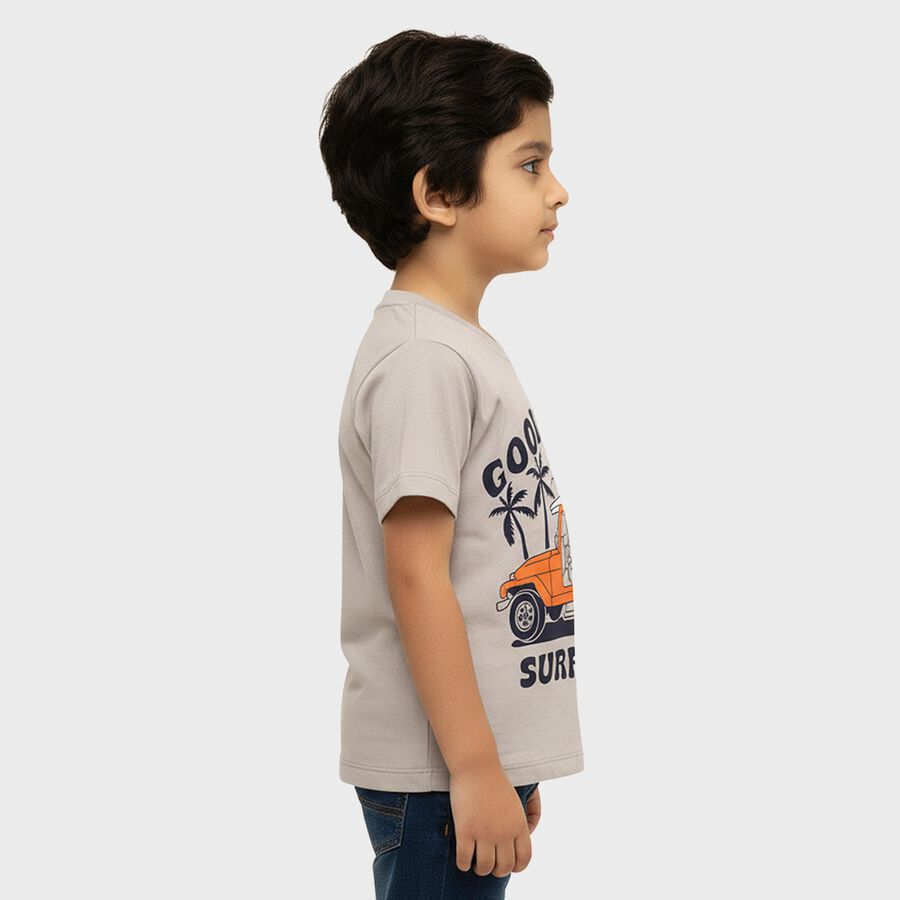 Boys Light Grey Cotton Round Neck Graphic Printed T-Shirt, Light Grey, large