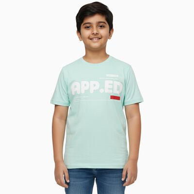 Boys Light Green Round Neck Casual T-Shirt